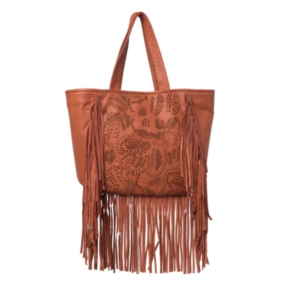 Frye Bags Frye Vivian Leather Fringe Tote Bag Tan Brown Boho Purse